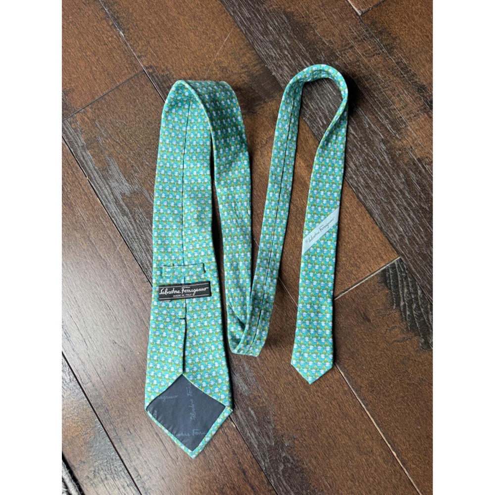 Salvatore Ferragamo Silk Tie OS Teal Green Italian Designer Floral luxury
